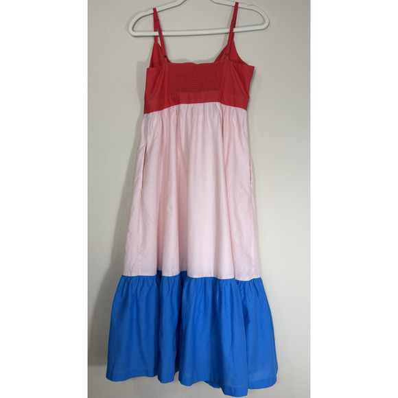 J Crew Size‎ 8 Color Block Tiered Midi Dress V Neck Blue Pink Red Preppy - Picture 3 of 10